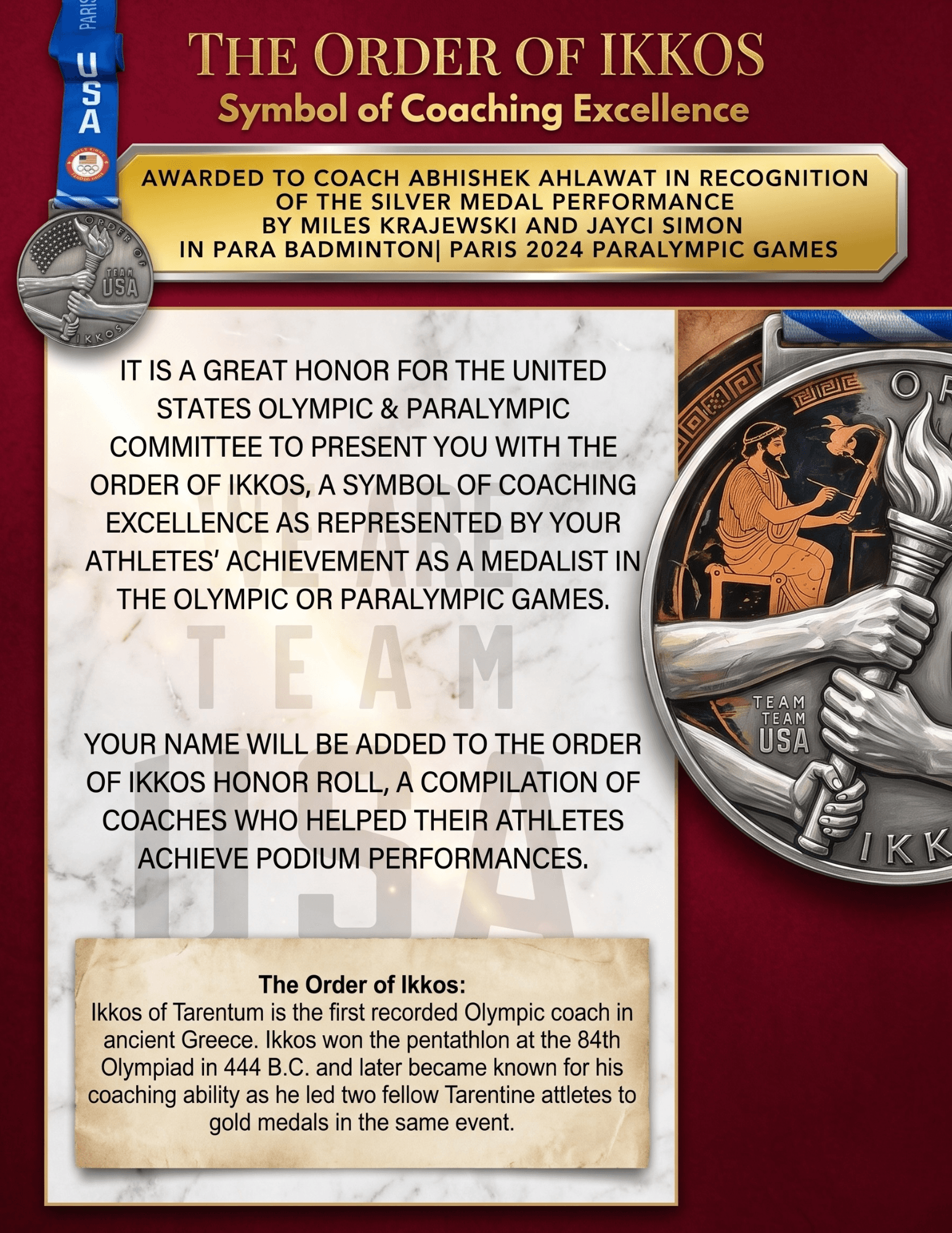 The Order of Ikkos — Symbol of Coaching Excellence — awarded to Coach Abhishek Ahlawat in recognition of the silver medal performance by Miles Krajewski and Jayci Simon in Para Badminton at the Paris 2024 Paralympic Games